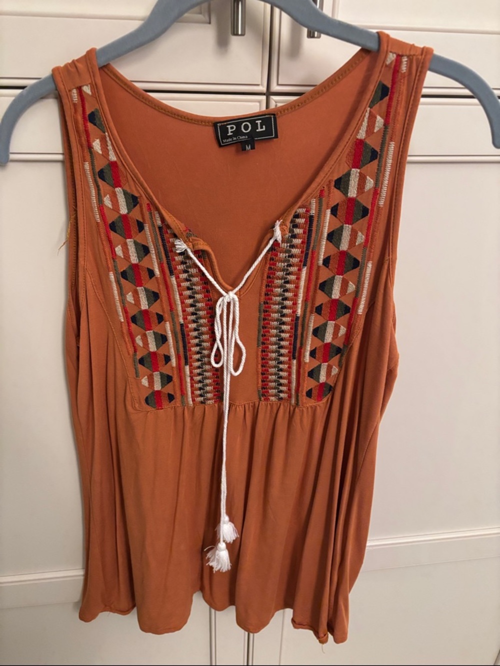POL Burnt Orange Embroidered Tank with Tassel Tie